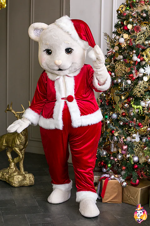 Oblek Santa Clause z červeného sametu s čepicí na kostýmu maskota medvěda (kostým není součástí)