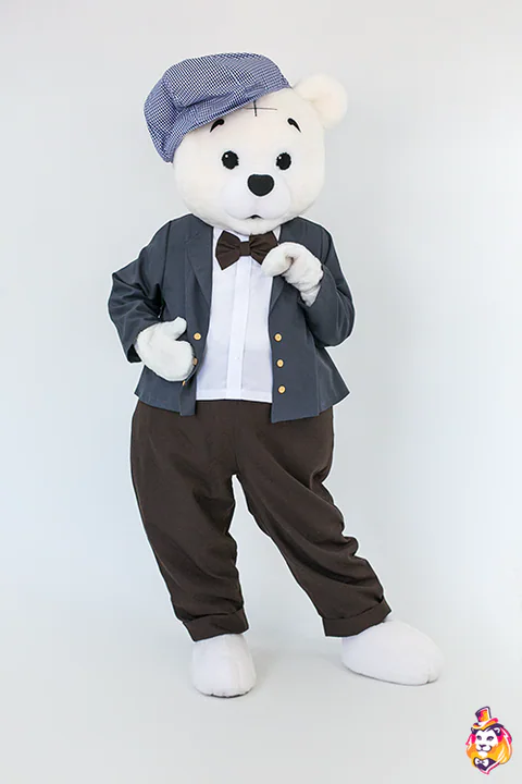 Grey jacket, flat cap and bow tie, shown on a bear mascot costume (costume not included)