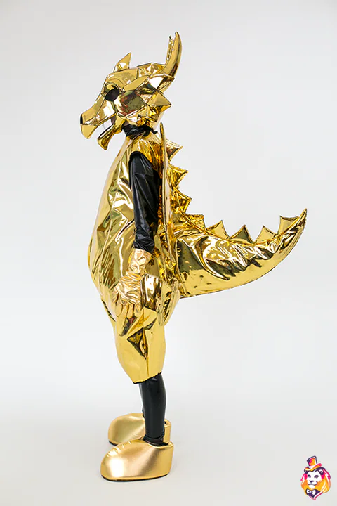 Costum de mascotă Dragon auriu – vedere din lateral