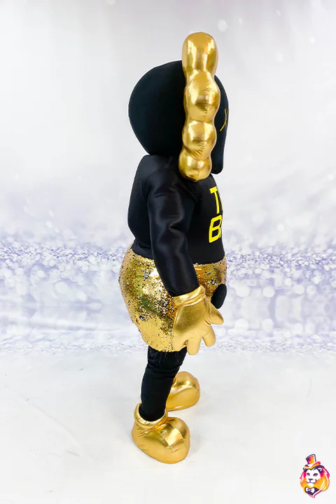 Mascottepak Figuur met X-ogen in zwart en goud – zijaanzicht