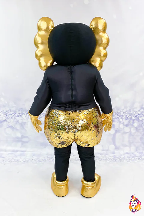 Mascottepak Figuur met X-ogen in zwart en goud – achteraanzicht