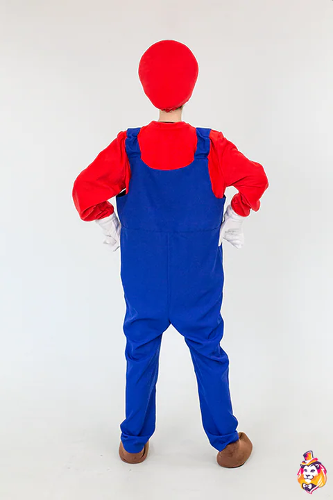 Red Cap and Blue Overalls entertainer costume — back view