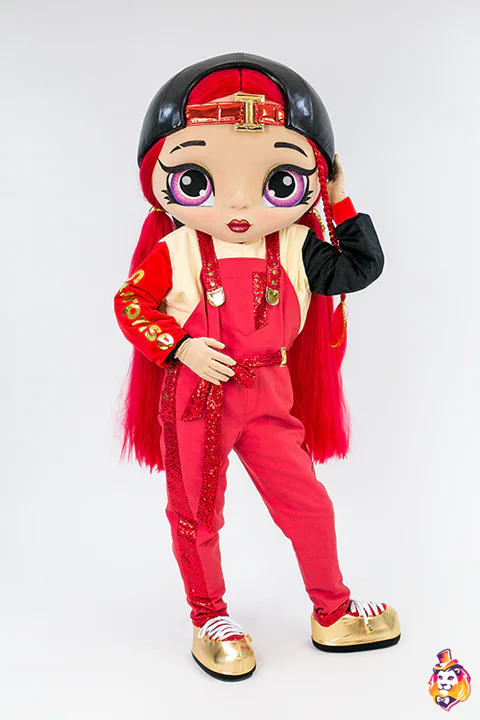 Doll in Black Cap and Red Overalls Mascot Costume