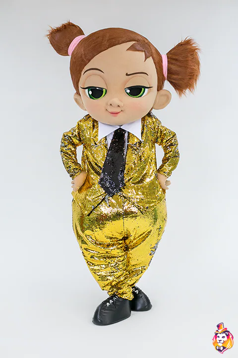 Baby Girl in Gold Sequin Suit Mascot Costume