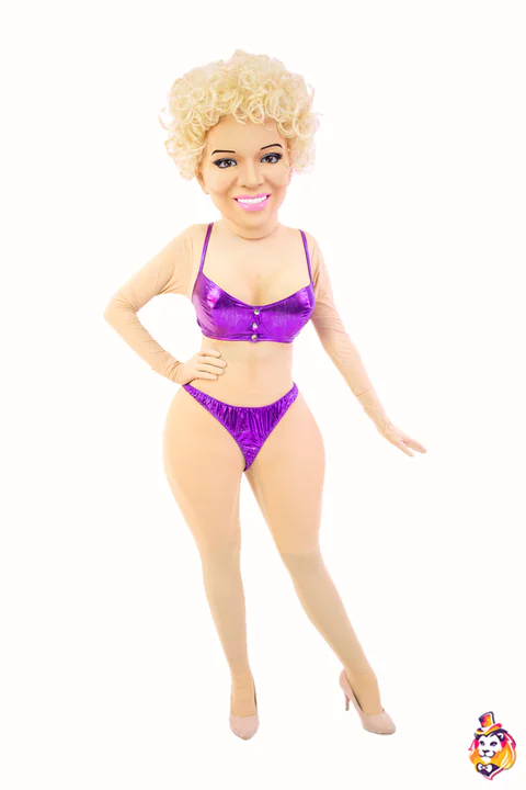 Mascottepak Blonde met krullen in paarse bikini