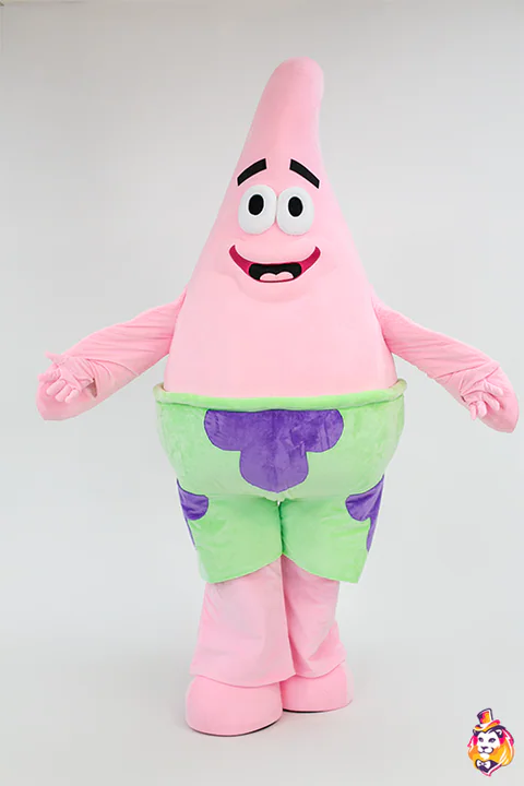 Mascottepak Roze zeester in groene korte broek