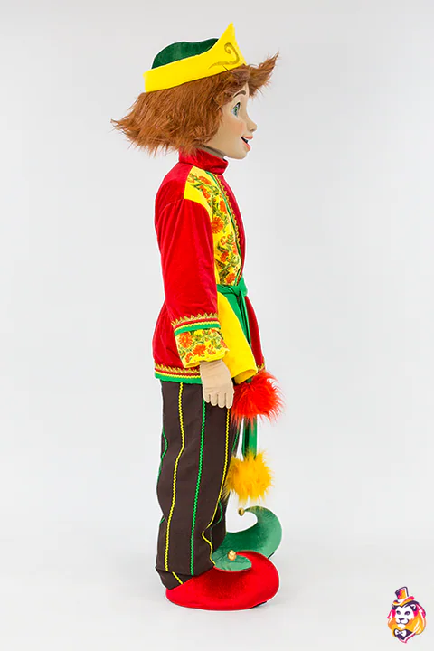 Bufón Pedro rojo – traje de mascota, vista lateral