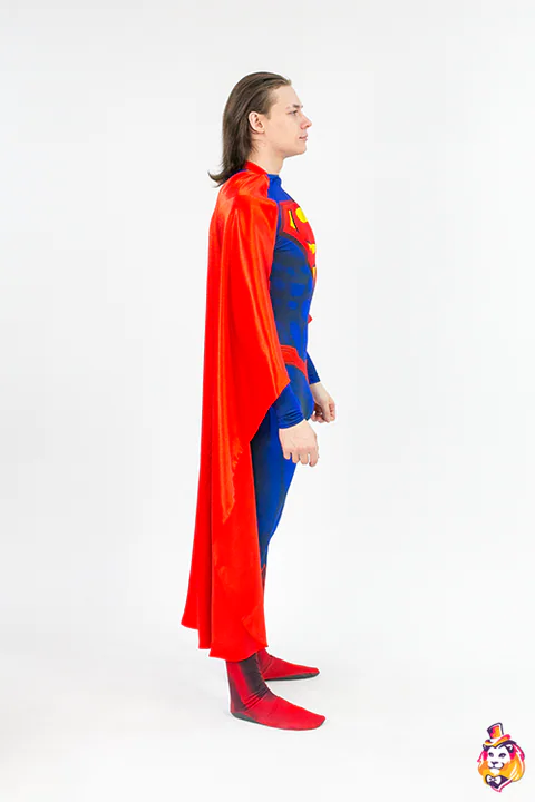 Flying Hero in Red Cape entertainer costume — side view
