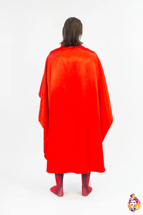 Flying Hero in Red Cape entertainer costume — back view