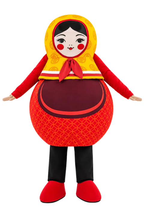 Red Doll in a Yellow Kerchief Mascot Costume