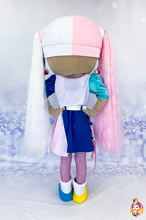 Doll with Pigtails mascot costume — back view