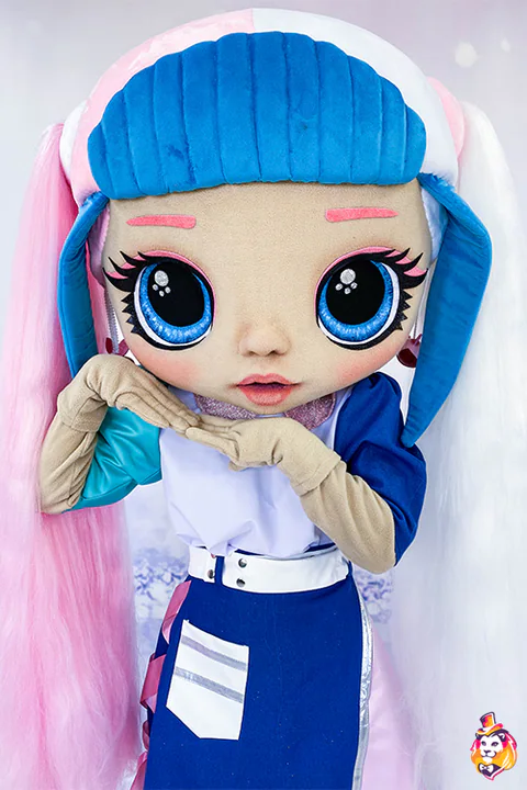 Doll with Pigtails mascot costume — detail